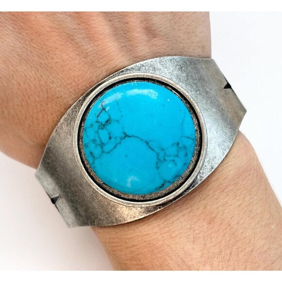 Pewter Sleeping Beauty Turquoise Chunky Vintage Cuff Minimalist Bracelet Bangle - Picture 1 of 10